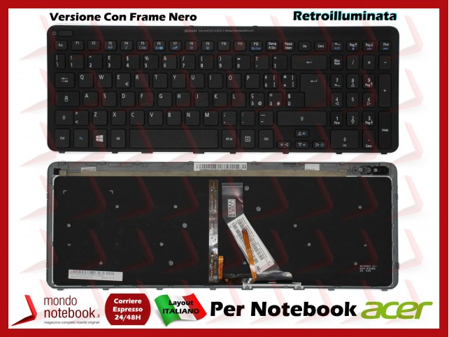 Tastiera Notebook ACER Aspire V5-531 V5-571 (FRAME NERO) Con tasto on/off (RETROILL) Tastiera Notebook ACER Aspire V5-531 V5-571 (FRAME NERO) Con tasto on/off (RETROILL)