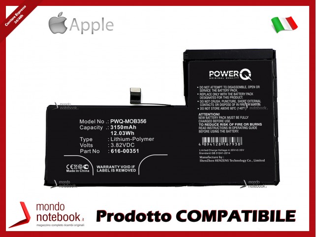 Batteria PowerQ per Apple iPhone X 3150mAh 3.82V P/N 616-00351 Alta Capacità Batteria PowerQ per Apple iPhone X 3150mAh 3.82V P/N 616-00351 Alta Capacità