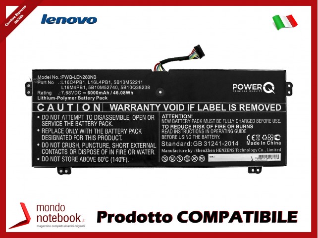 Batteria PowerQ per Lenovo YG 720-13IKB 80X6006PAU 6000 mAh 7.68V P/N 5B10M52211 Nero Batteria PowerQ per Lenovo YG 720-13IKB 80X6006PAU 6000 mAh 7.68V P/N 5B10M52211 Nero