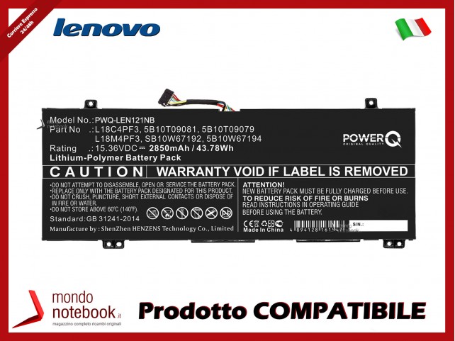 Batteria PowerQ per Lenovo IdeaPad C340-14API 2850 mAh 15.36V P/N 5B10T09079 Nero Batteria PowerQ per Lenovo IdeaPad C340-14API 2850 mAh 15.36V P/N 5B10T09079 Nero