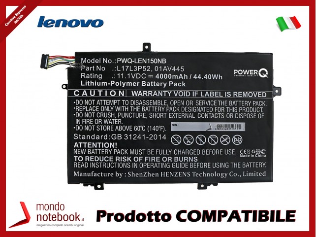 Batteria PowerQ per Lenovo ThinkPad E485 4000 mAh 11.1V P/N 01AV445 Nero Batteria PowerQ per Lenovo ThinkPad E485 4000 mAh 11.1V P/N 01AV445 Nero