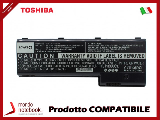 Batteria PowerQ per Toshiba Satellite P100 Series 4400 mAh 10.8V P/N PA3479U-1BRS Nero Batteria PowerQ per Toshiba Satellite P100 Series 4400 mAh 10.8V P/N PA3479U-1BRS Nero
