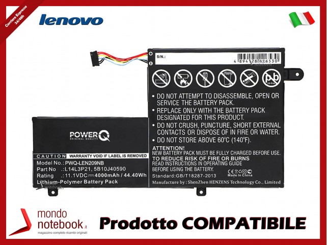 Batteria PowerQ per Lenovo 510S 4000 mAh 11.1V P/N 5B10G78609 Nero Batteria PowerQ per Lenovo 510S 4000 mAh 11.1V P/N 5B10G78609 Nero