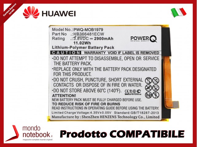 Batteria PowerQ per Huawei P8 Lite 2017, P9, P9 Lite P10 P20 Lite 2900mAh 3.8V P/N HB366481ECW Batteria PowerQ per Huawei P8 Lite 2017, P9, P9 Lite P10 P20 Lite 2900mAh 3.8V P/N HB366481ECW