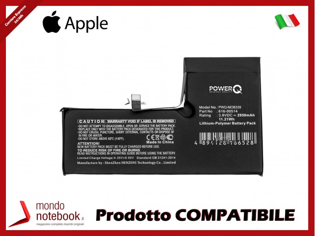 Batteria PowerQ per Apple iPhone Xs 2950mAh 3.8V P/N 616-00514 Alta Capacità Batteria PowerQ per Apple iPhone Xs 2950mAh 3.8V P/N 616-00514 Alta Capacità