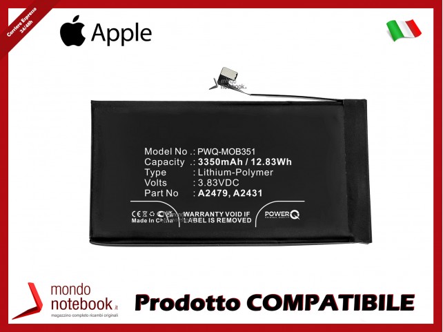 Batteria PowerQ per Apple iPhone 12 3350mAh 3.83V P/N A2431 Batteria PowerQ per Apple iPhone 12 3350mAh 3.83V P/N A2431
