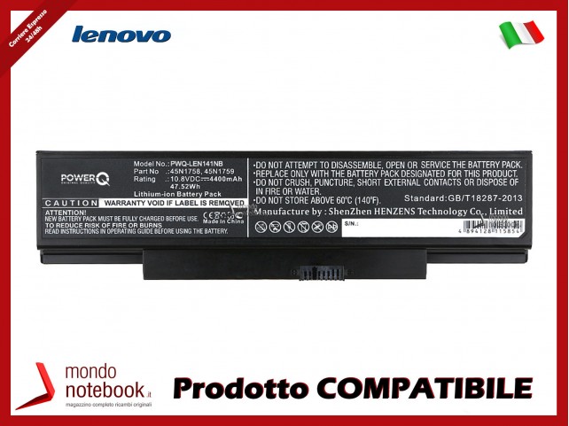Batteria PowerQ per Lenovo E560-0KCD 4400 mAh 10.8V P/N 45N15E9 Nero Batteria PowerQ per Lenovo E560-0KCD 4400 mAh 10.8V P/N 45N15E9 Nero