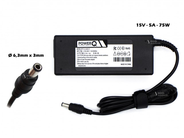 Alimentatore PowerQ per TOSHIBA 75W 15V 5A (6,3mm x 3mm) Alimentatore PowerQ per TOSHIBA 75W 15V 5A (6,3mm x 3mm)