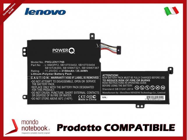 Batteria PowerQ per Lenovo IdeaPad L340 3150 mAh 11.25V P/N 5B10T03402 Nero Batteria PowerQ per Lenovo IdeaPad L340 3150 mAh 11.25V P/N 5B10T03402 Nero