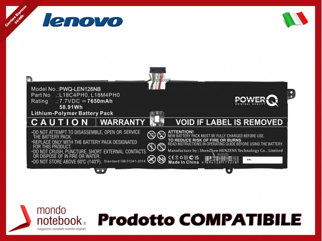 Batteria PowerQ per Lenovo Yoga C940 SP/A 7650 mAh 7.7V P/N 5B10T11585 Nero Ver. 10 Pin Batteria PowerQ per Lenovo Yoga C940 SP/A 7650 mAh 7.7V P/N 5B10T11585 Nero Ver. 10 Pin