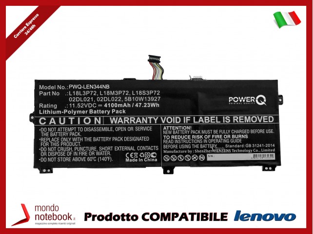 Batteria PowerQ per Lenovo ThinkPad X390 Yoga 4100 mAh 11.52V P/N 02DL021 Nero Batteria PowerQ per Lenovo ThinkPad X390 Yoga 4100 mAh 11.52V P/N 02DL021 Nero