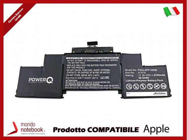 Batteria PowerQ per Apple A1398 Retina 2015 8700 mAh 11.36V P/N 020-00079 Nero Batteria PowerQ per Apple A1398 Retina 2015 8700 mAh 11.36V P/N 020-00079 Nero