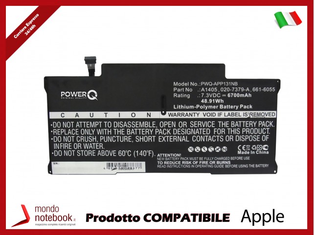 Batteria PowerQ per Apple A1466 6700 mAh 7.3V P/N 020-7379-A Nero Batteria PowerQ per Apple A1466 6700 mAh 7.3V P/N 020-7379-A Nero