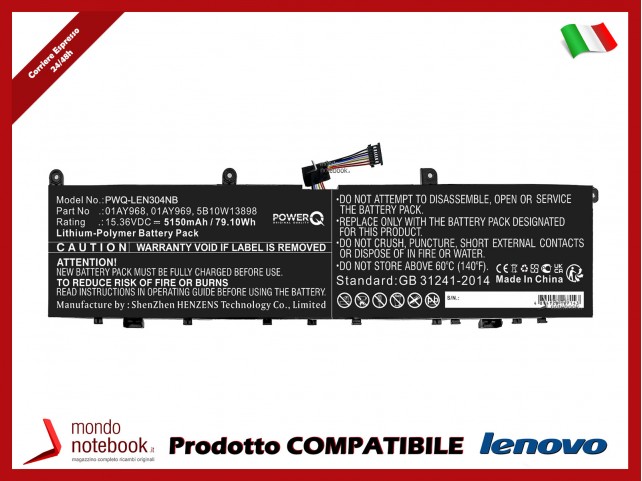 Batteria PowerQ per Lenovo ThinkPad P1 5150 mAh 13.56V P/N 01AY968 Nero Batteria PowerQ per Lenovo ThinkPad P1 5150 mAh 13.56V P/N 01AY968 Nero