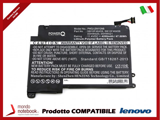 Batteria PowerQ per Lenovo ThinkPad P40 Yoga 4200 mAh 11.4V P/N 00HW020 Nero Batteria PowerQ per Lenovo ThinkPad P40 Yoga 4200 mAh 11.4V P/N 00HW020 Nero