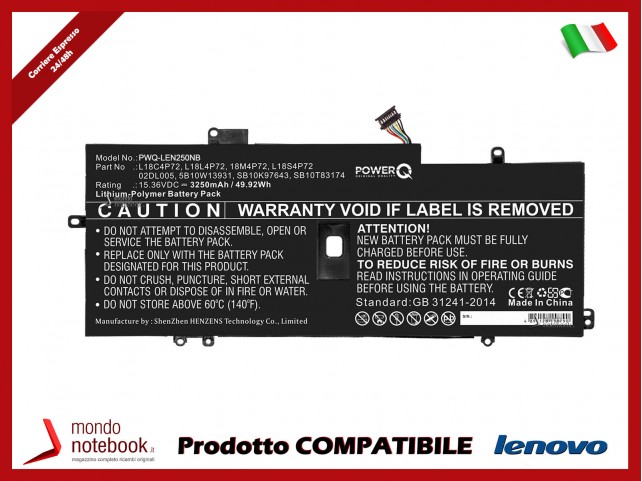 Batteria PowerQ per Lenovo ThinkPad X1 Carbon 2019 3250 mAh 15.36V P/N 02DL005 Nero Batteria PowerQ per Lenovo ThinkPad X1 Carbon 2019 3250 mAh 15.36V P/N 02DL005 Nero
