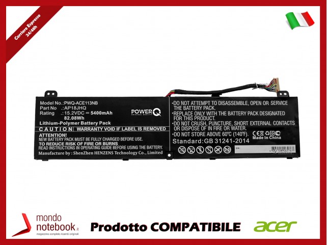 Batteria PowerQ per Acer ConceptD 7 CN715-71 5400 mAh 15.2V P/N AP18JHQ Nero Batteria PowerQ per Acer ConceptD 7 CN715-71 5400 mAh 15.2V P/N AP18JHQ Nero