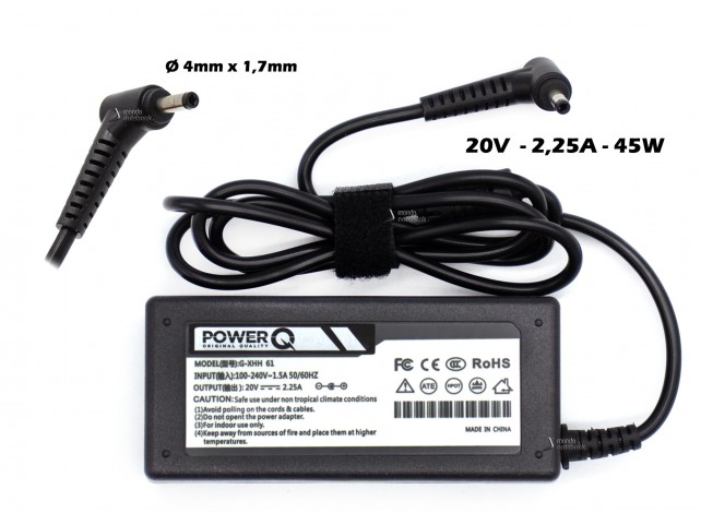 Alimentatore PowerQ per LENOVO 45W 20V 2,25A (4mm x 1,7mm) Alimentatore PowerQ per LENOVO 45W 20V 2,25A (4mm x 1,7mm)