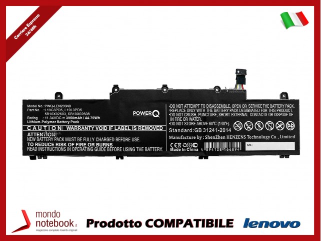 Batteria PowerQ per Lenovo ThinkPad E14 Gen 2 3950 mAh 11.34V P/N 5B10X02600 Nero Batteria PowerQ per Lenovo ThinkPad E14 Gen 2 3950 mAh 11.34V P/N 5B10X02600 Nero