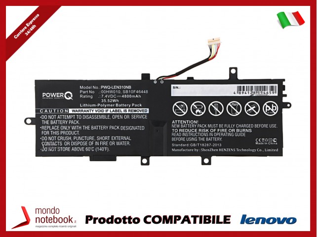Batteria PowerQ per Lenovo ThinkPad Helix 2 4800 mAh 7.4V P/N 00HW004 Nero Batteria PowerQ per Lenovo ThinkPad Helix 2 4800 mAh 7.4V P/N 00HW004 Nero