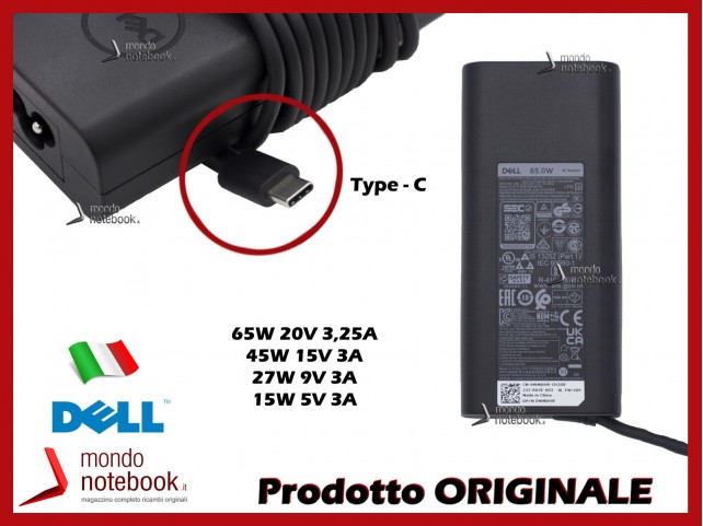 Alimentatore Originale DELL 65W 5V 9V 15V 20V USB-C Type-C Alimentatore Originale DELL 65W 5V 9V 15V 20V USB-C Type-C