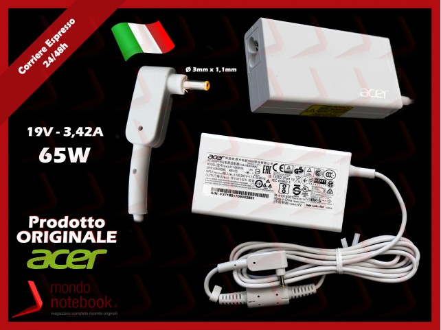 Alimentatore Originale ACER 65W 19V 3,42A (3,0mm x 1,1mm) Bianco Alimentatore Originale ACER 65W 19V 3,42A (3,0mm x 1,1mm) Bianco