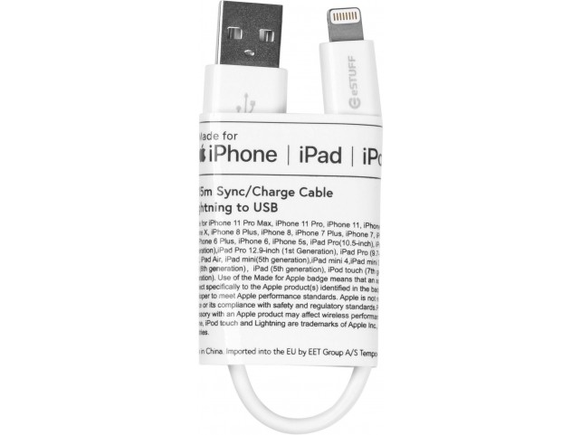 eSTUFF Lightning Cable MFI 0,15m Whit 8Pin Lightning - USB A Male eSTUFF Lightning Cable MFI 0,15m Whit 8Pin Lightning - USB A Male