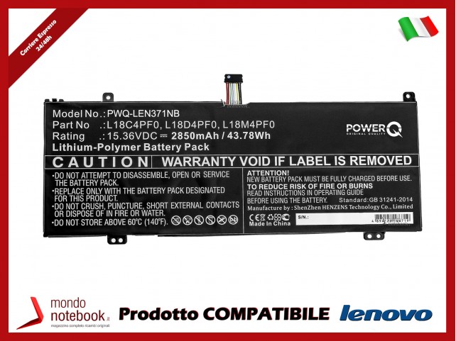 Batteria PowerQ per Lenovo ThinkBook 13s 2850 mAh 15.36V P/N 5B10S73499 Nero Batteria PowerQ per Lenovo ThinkBook 13s 2850 mAh 15.36V P/N 5B10S73499 Nero