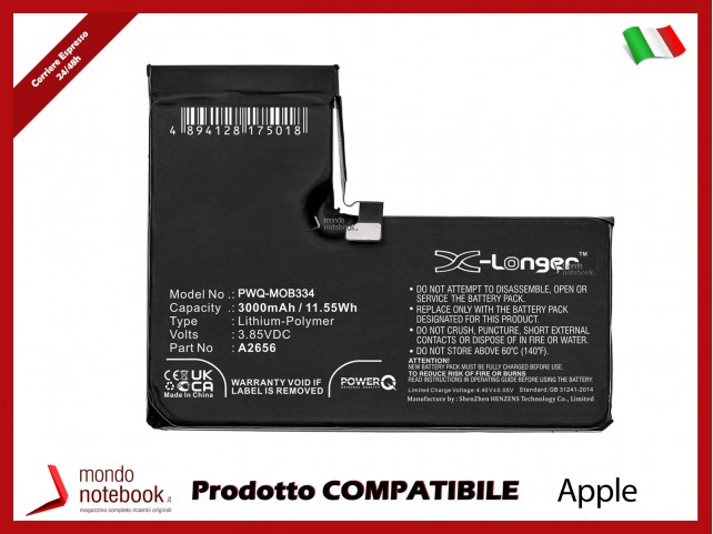 Batteria PowerQ per Apple 13 A2640 3000mAh 3.85V P/N A2656 Batteria PowerQ per Apple 13 A2640 3000mAh 3.85V P/N A2656