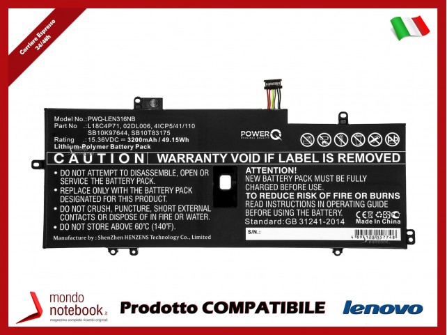 Batteria PowerQ per Lenovo Thinkpad X1 Yoga Gen 5-20ub0020 3200 mAh 15.36V P/N 02DL004 Nero Batteria PowerQ per Lenovo Thinkpad X1 Yoga Gen 5-20ub0020 3200 mAh 15.36V P/N 02DL004 Nero