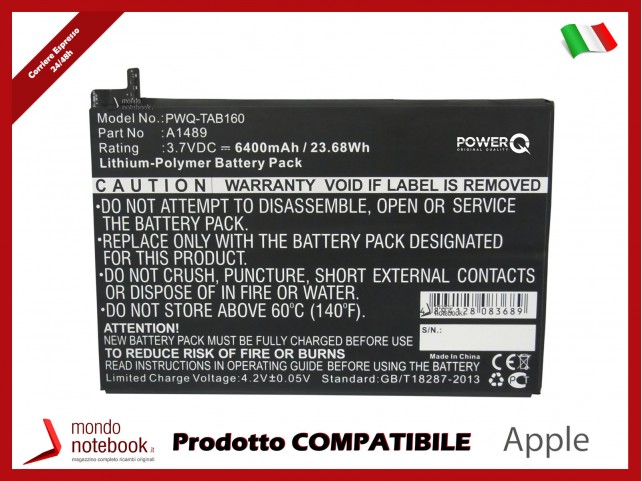 Batteria PowerQ per Apple A1489 6400mAh 3.7V P/N A1489 Batteria PowerQ per Apple A1489 6400mAh 3.7V P/N A1489