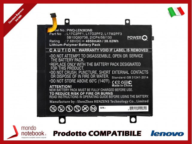 Batteria PowerQ per Lenovo 80XF00DFIN 4950 mAh 7.68V P/N 2ICP4/56/130 Nero Batteria PowerQ per Lenovo 80XF00DFIN 4950 mAh 7.68V P/N 2ICP4/56/130 Nero