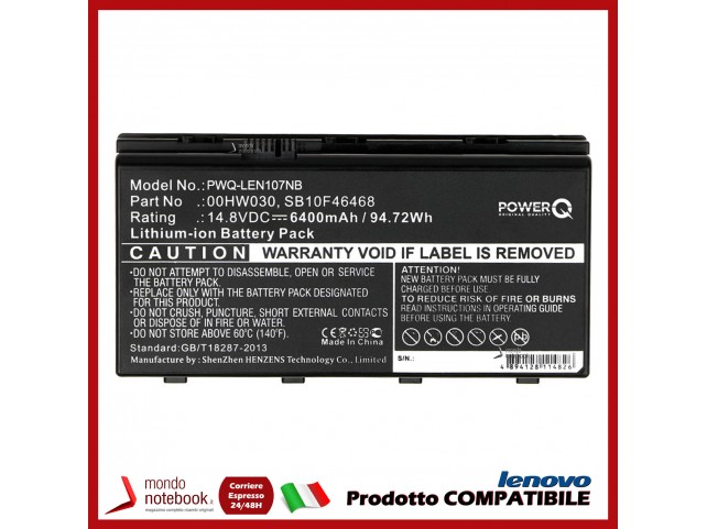 Batteria PowerQ per Lenovo ThinkPad P70 6400 mAh 14.8V P/N 00HW030 Nero Batteria PowerQ per Lenovo ThinkPad P70 6400 mAh 14.8V P/N 00HW030 Nero