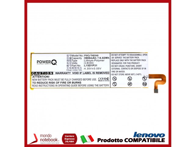 Batteria PowerQ per Lenovo Yoga Tab 3 Pro 3900mAh 3.8V P/N L15D1P31 Batteria PowerQ per Lenovo Yoga Tab 3 Pro 3900mAh 3.8V P/N L15D1P31